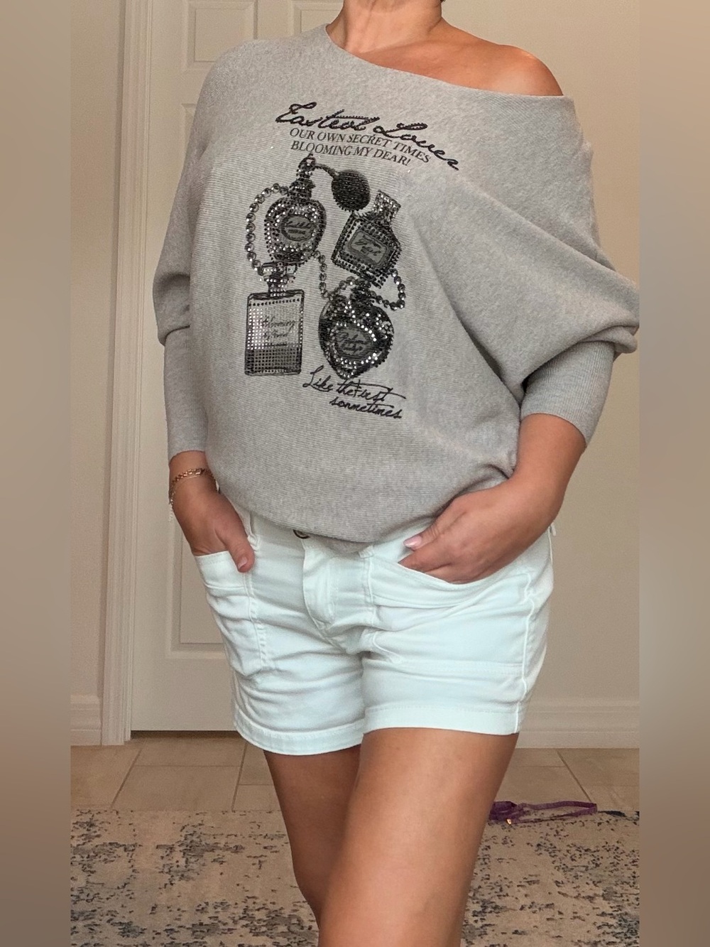 Light Tan Embellished Off-Shoulder Knit Top